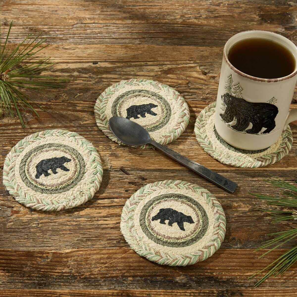 Park Designs Coasters Country Pines Braided & Printed Bear Coaster Round Set of 4