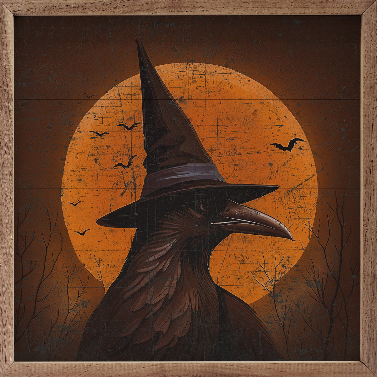 Kendrick Home Walnut Frames 4x4 Crow With Moon Printed and Framed Wall Sign