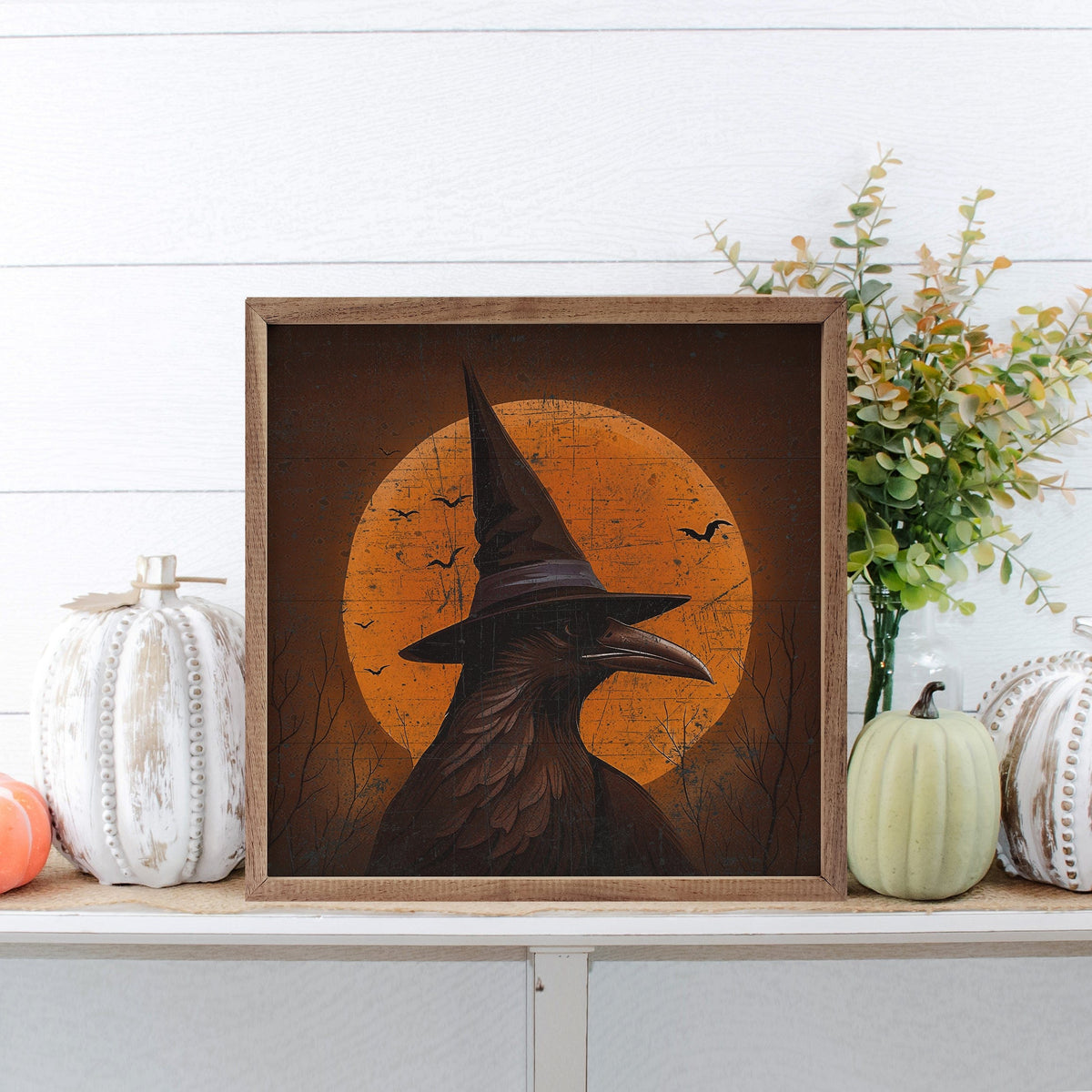 Kendrick Home Walnut Frames Crow With Moon Printed and Framed Wall Sign