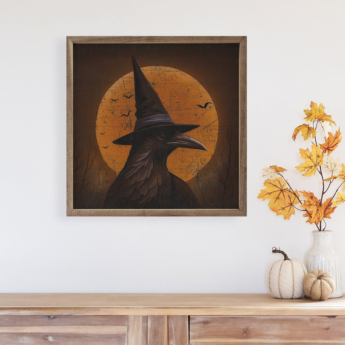 Kendrick Home Walnut Frames Crow With Moon Printed and Framed Wall Sign