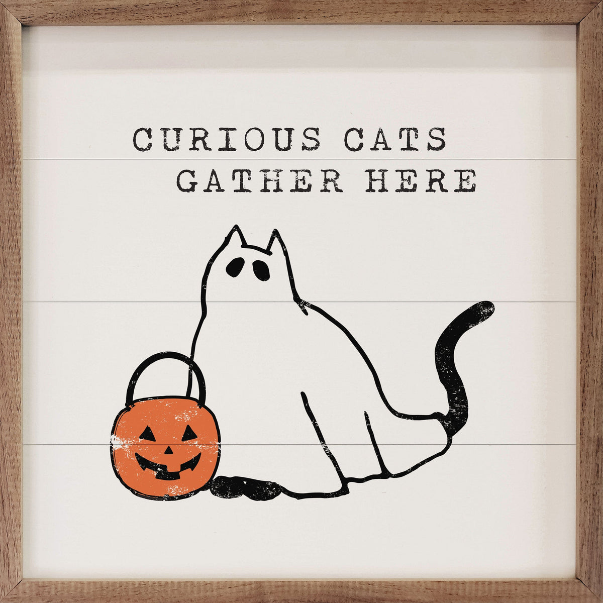 Kendrick Home Walnut Frames 4x4 Curious Cats Gather Here White Printed and Framed Wall Sign