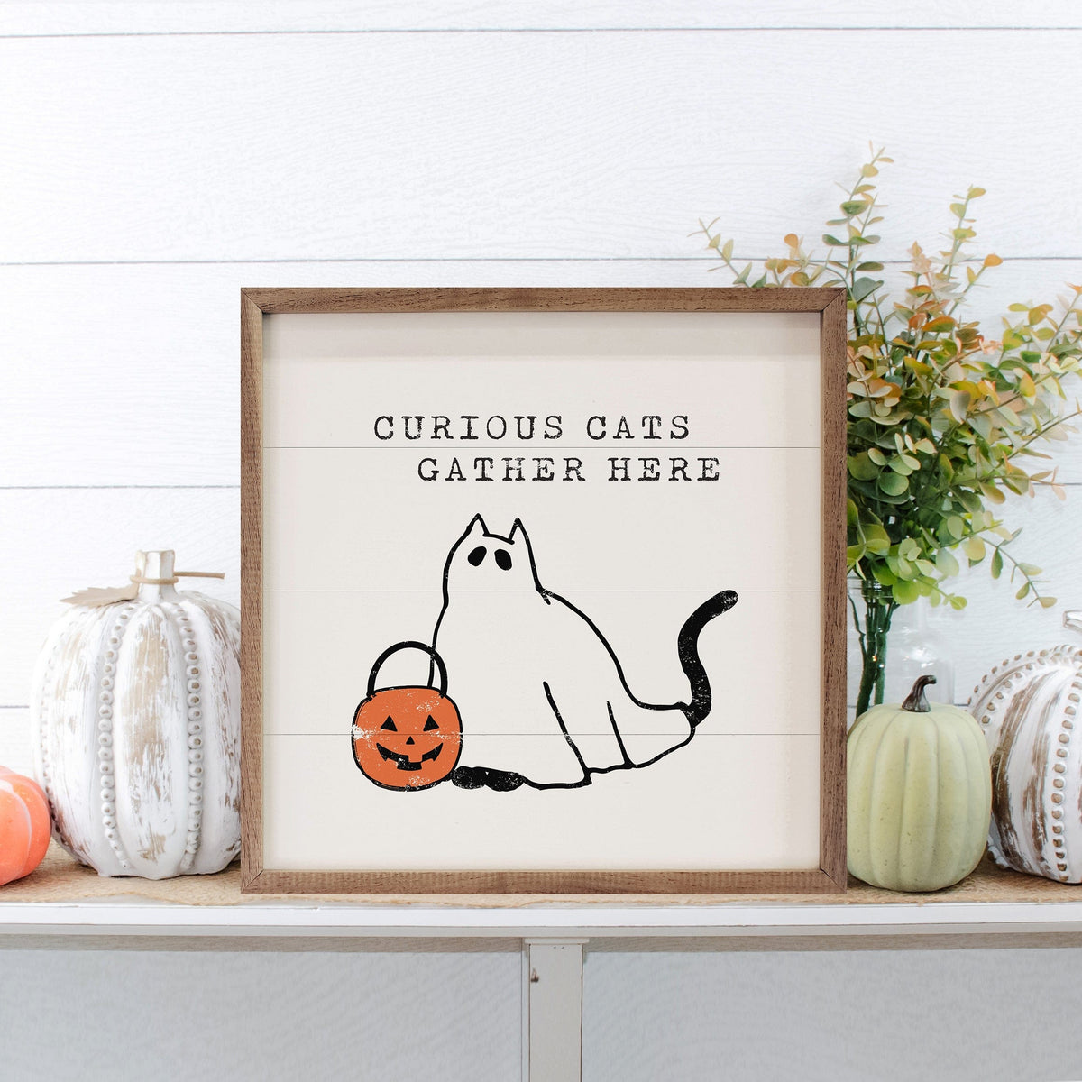 Kendrick Home Walnut Frames Curious Cats Gather Here White Printed and Framed Wall Sign