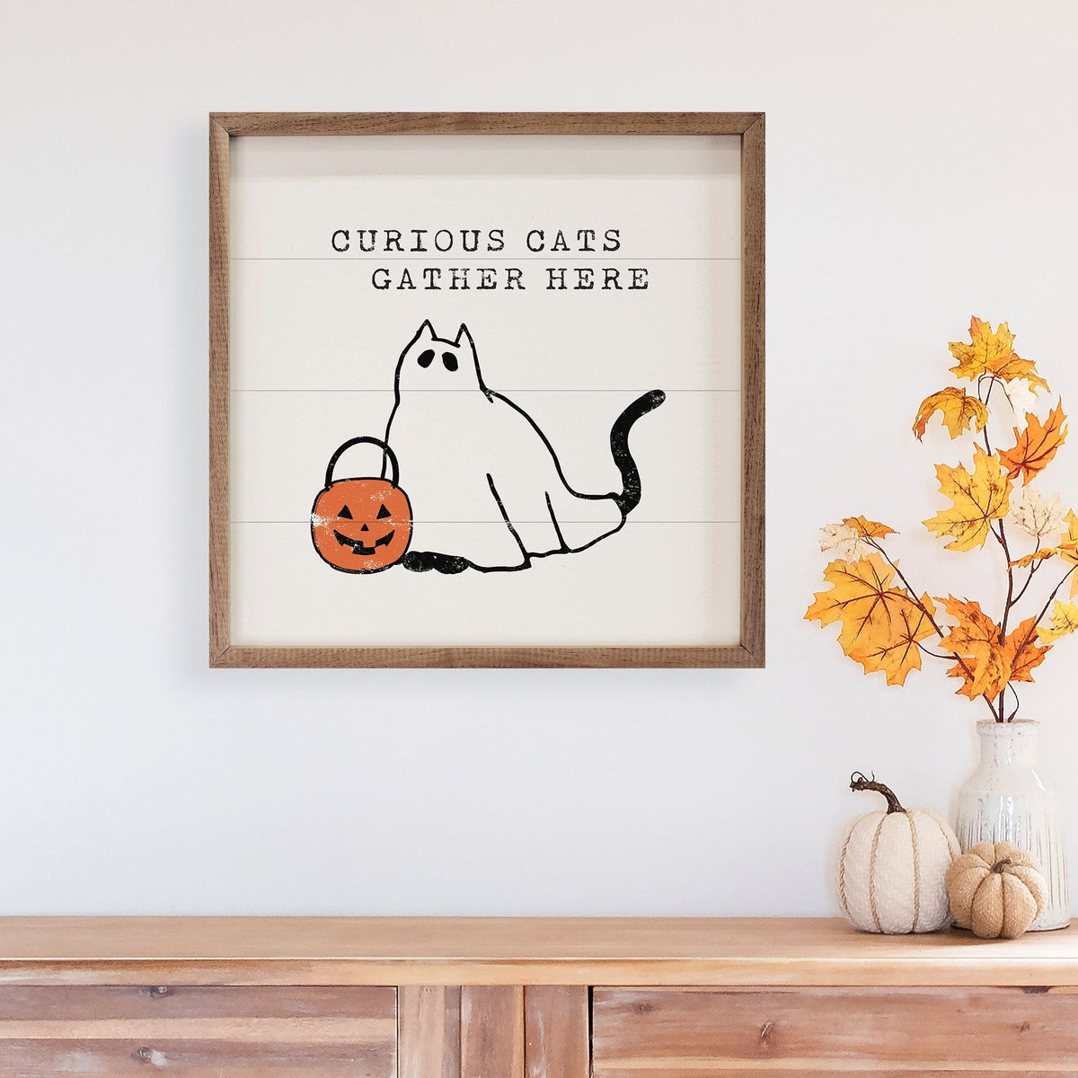 Kendrick Home Walnut Frames Curious Cats Gather Here White Printed and Framed Wall Sign