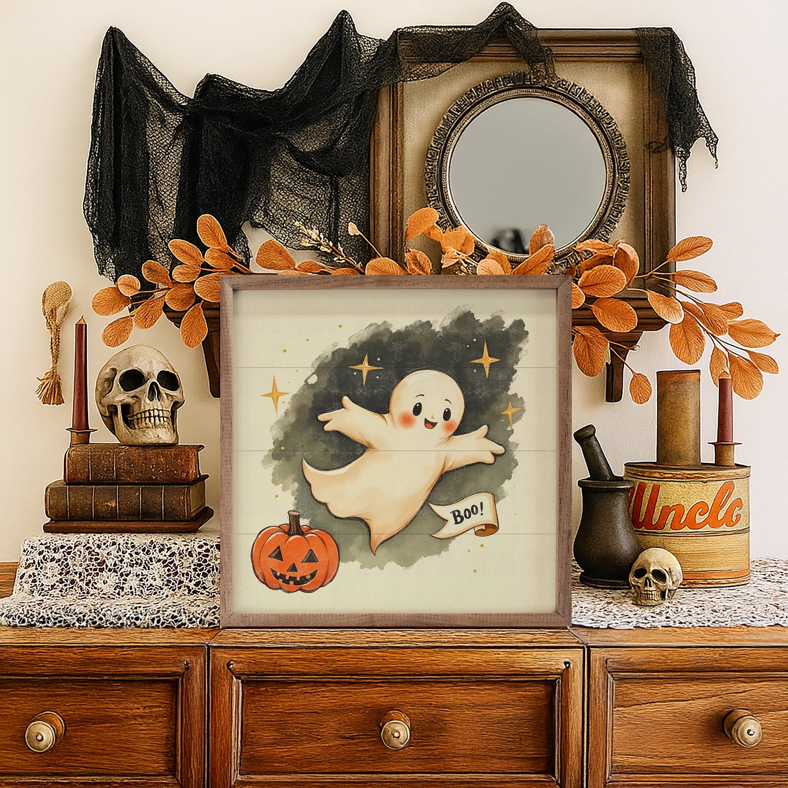 Kendrick Home Walnut Frames 4x4 Cute Ghost With Banner