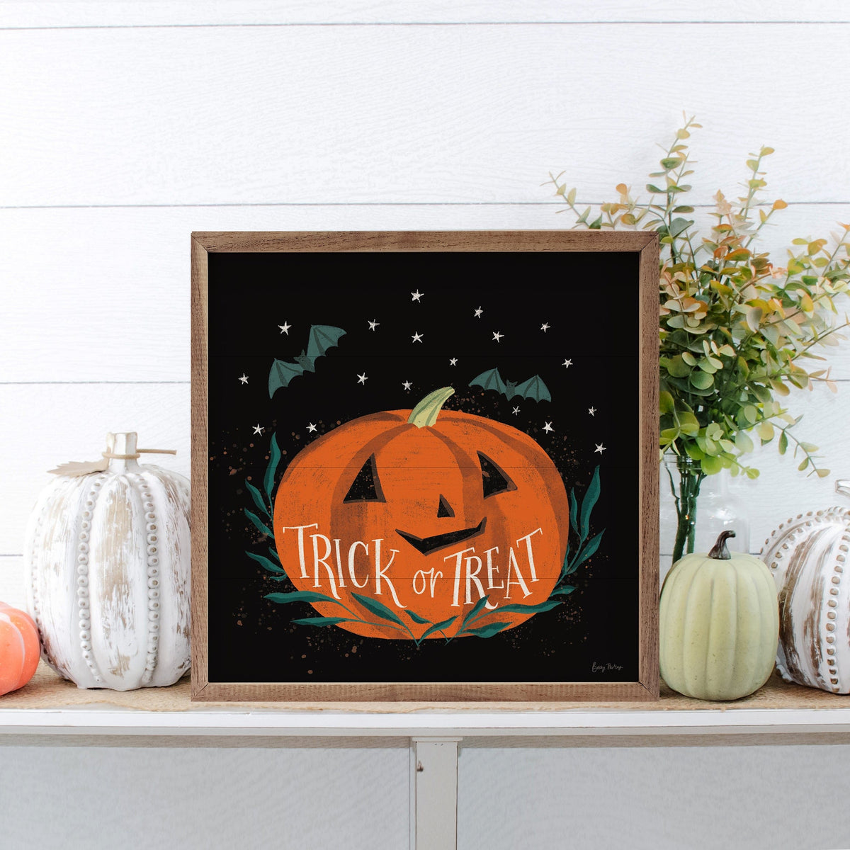 Kendrick Home Walnut Frames Cute Halloween II Trick By Becky Thorns Printed and Framed Wall Sign
