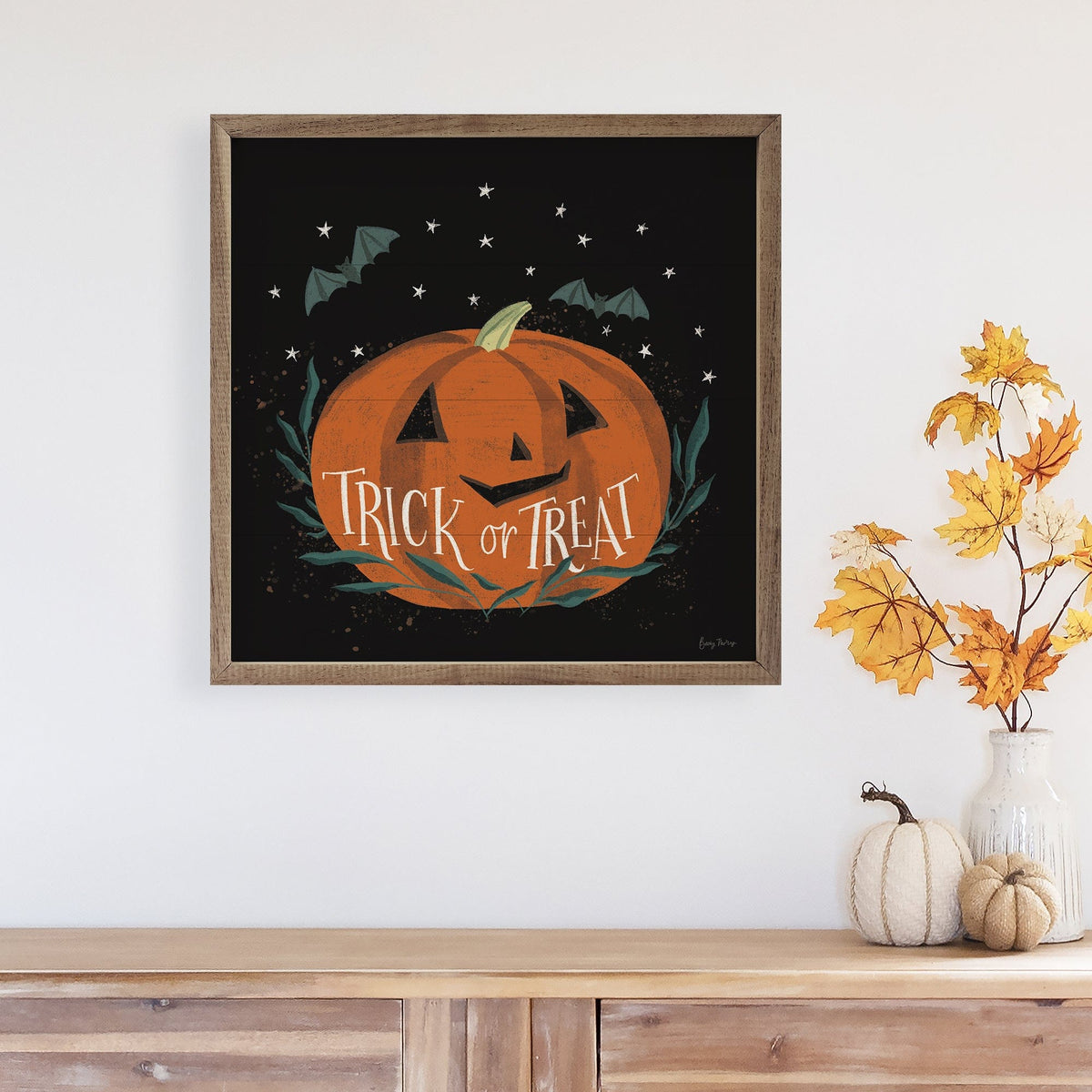 Kendrick Home Walnut Frames Cute Halloween II Trick By Becky Thorns Printed and Framed Wall Sign