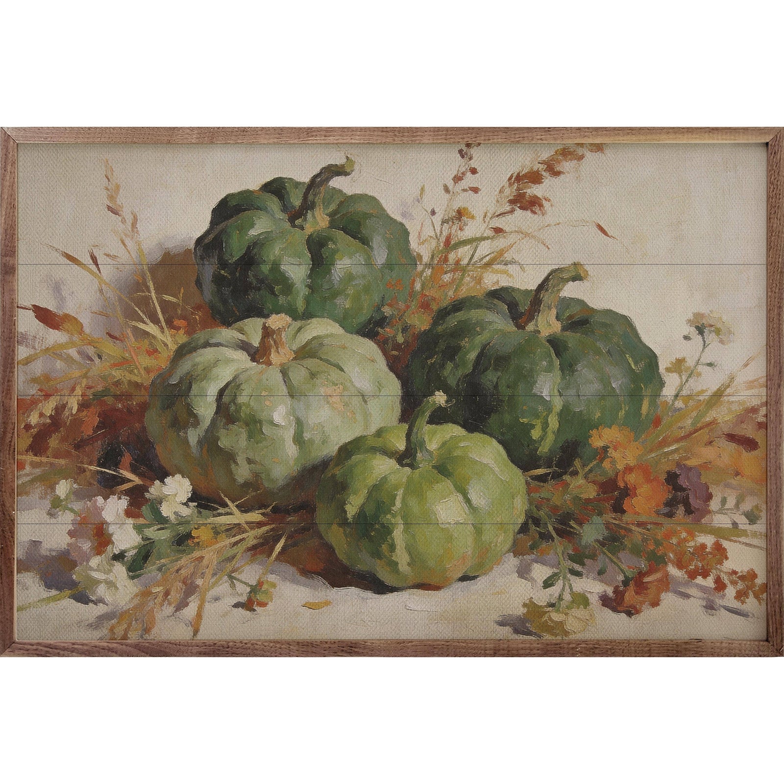 Kendrick Home Walnut Frames Deep Green Harvest Pumpkin Arrangement Printed and Framed Wall Sign