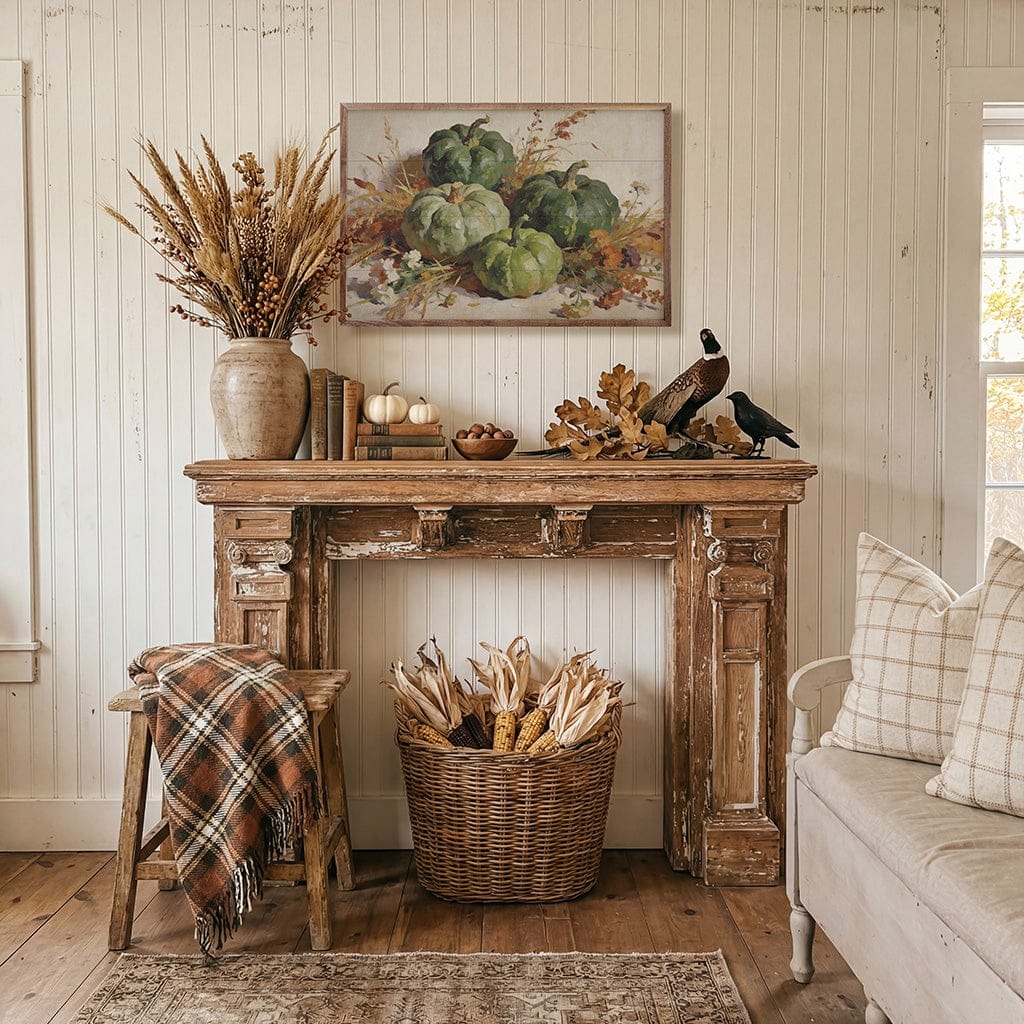 Kendrick Home Walnut Frames Deep Green Harvest Pumpkin Arrangement Printed and Framed Wall Sign