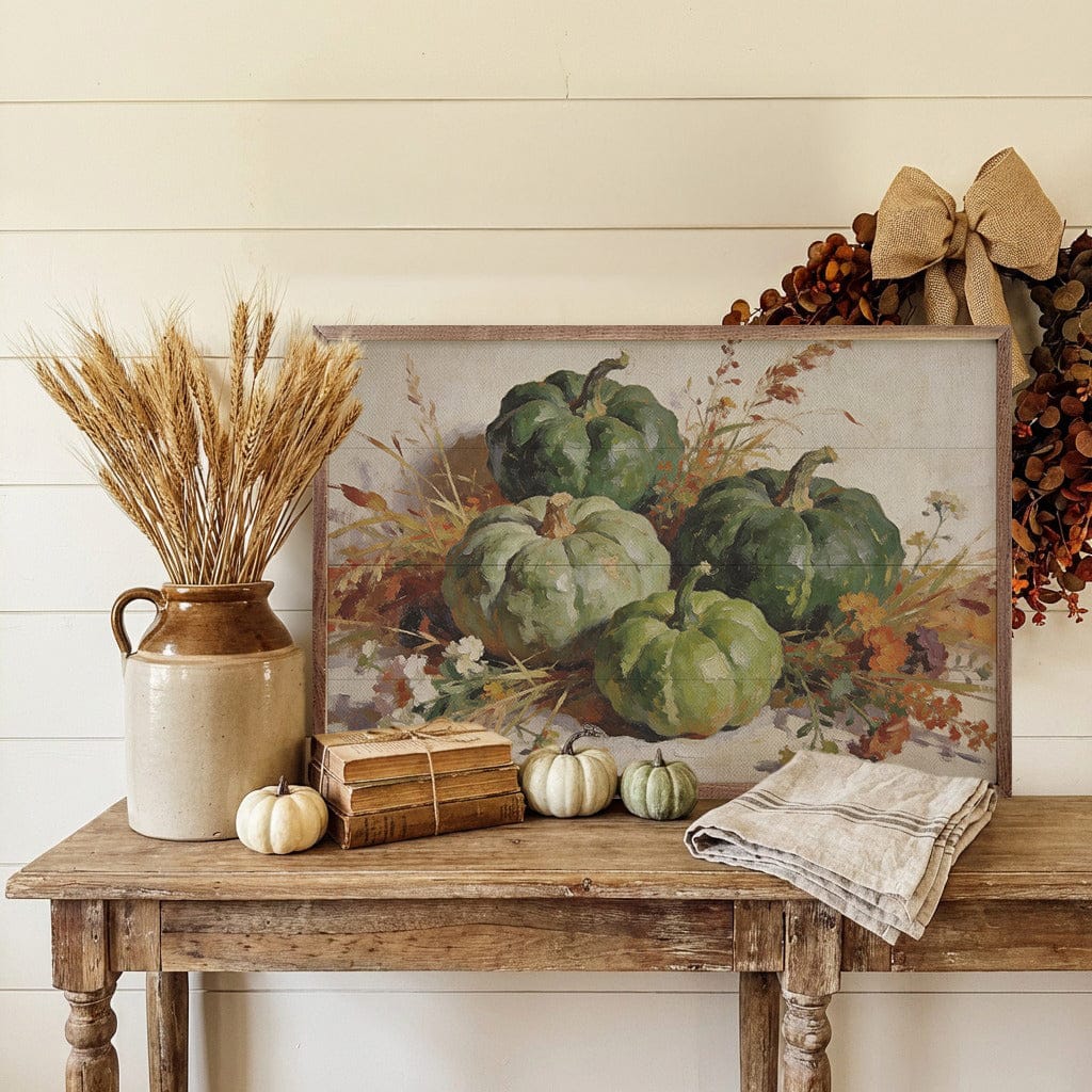 Kendrick Home Walnut Frames Deep Green Harvest Pumpkin Arrangement Printed and Framed Wall Sign
