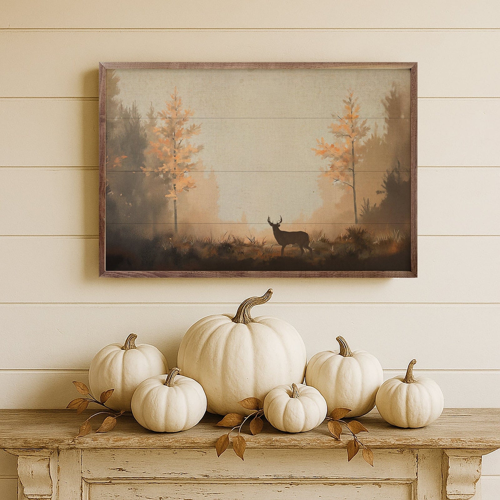 Kendrick Home Walnut Frames Deer In Autumn Lane Printed and Framed Wall Sign