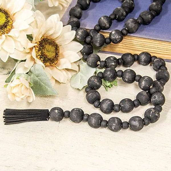 Distressed Black Wood Bead Garland With Suede Tassels 47" Long-CWI Gifts-The Village Merchant