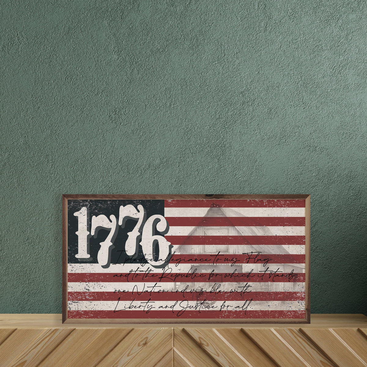 Kendrick Home Walnut Frames Distressed Flag 1776 Printed and Framed Wall Sign