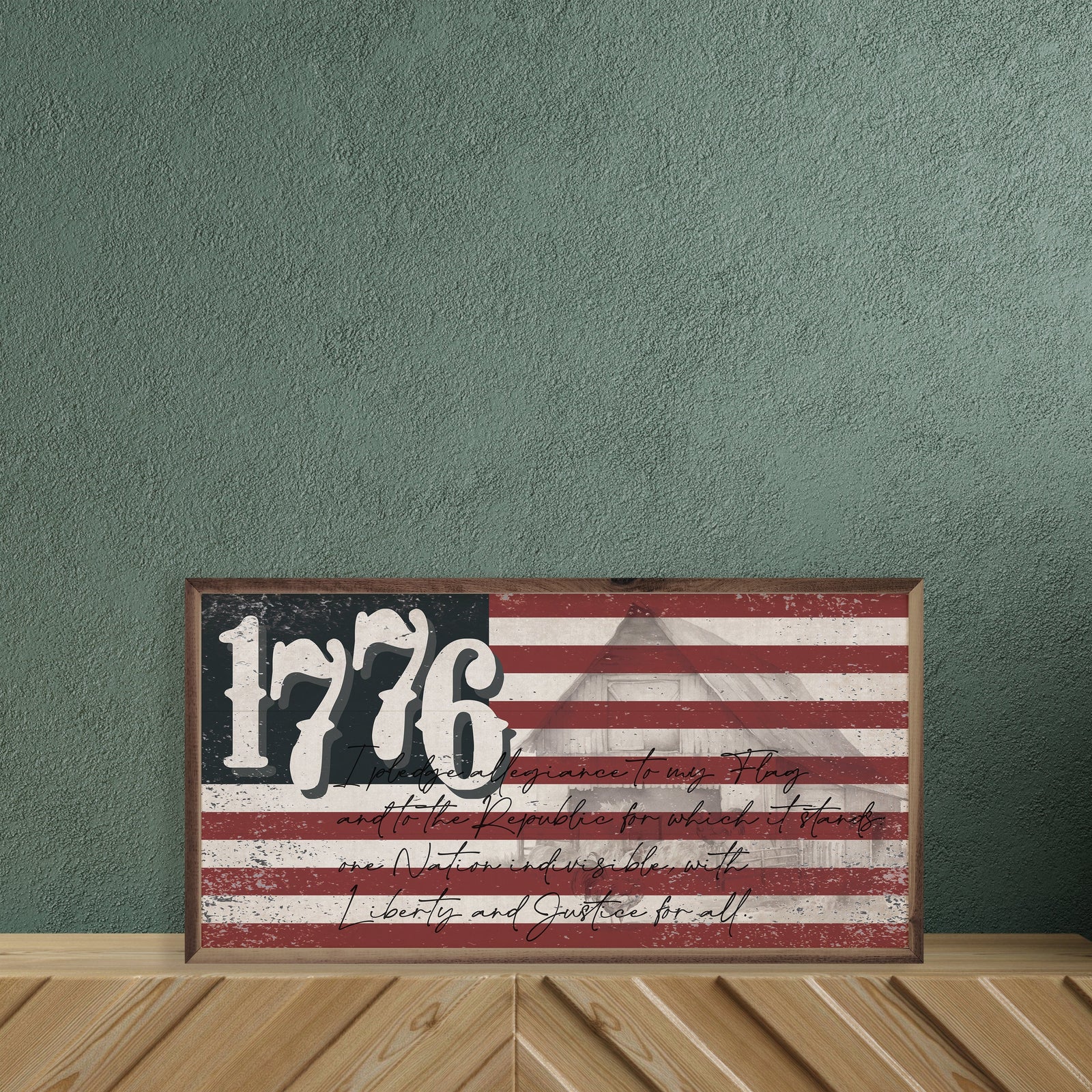 Kendrick Home Walnut Frames Sizes Distressed Flag 1776 Printed and Framed Wall Sign