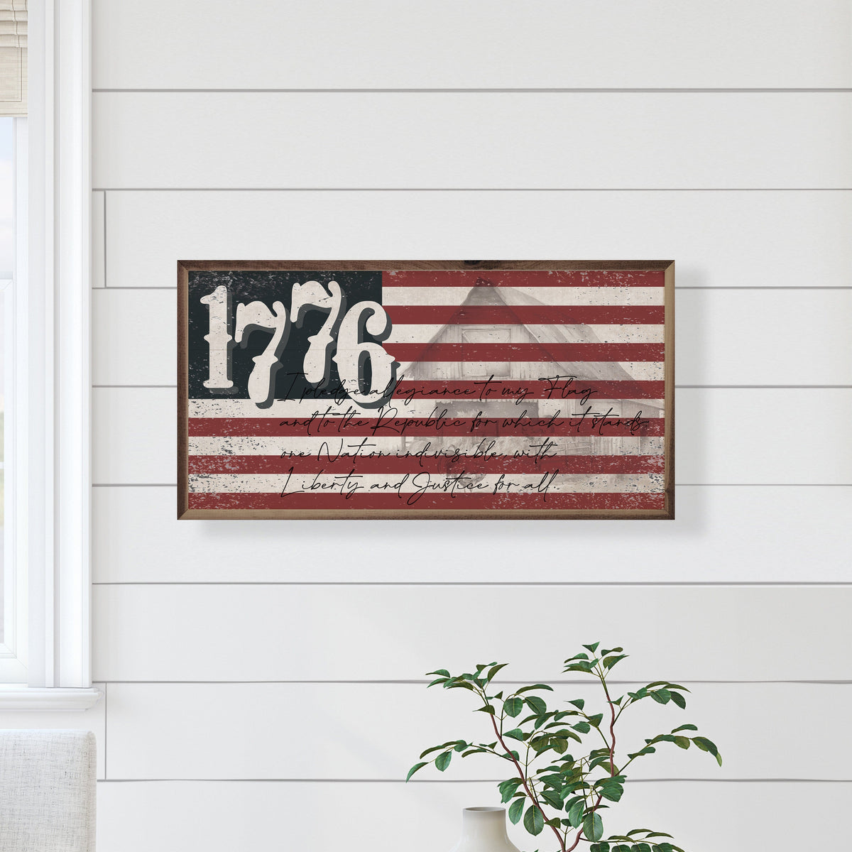 Kendrick Home Walnut Frames Distressed Flag 1776 Printed and Framed Wall Sign