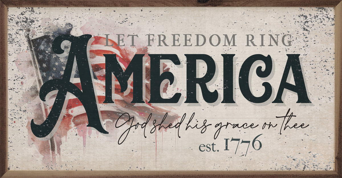 Kendrick Home Walnut Frames Sizes Distressed Let Freedom Ring America Flag Printed and Framed Wall Sign