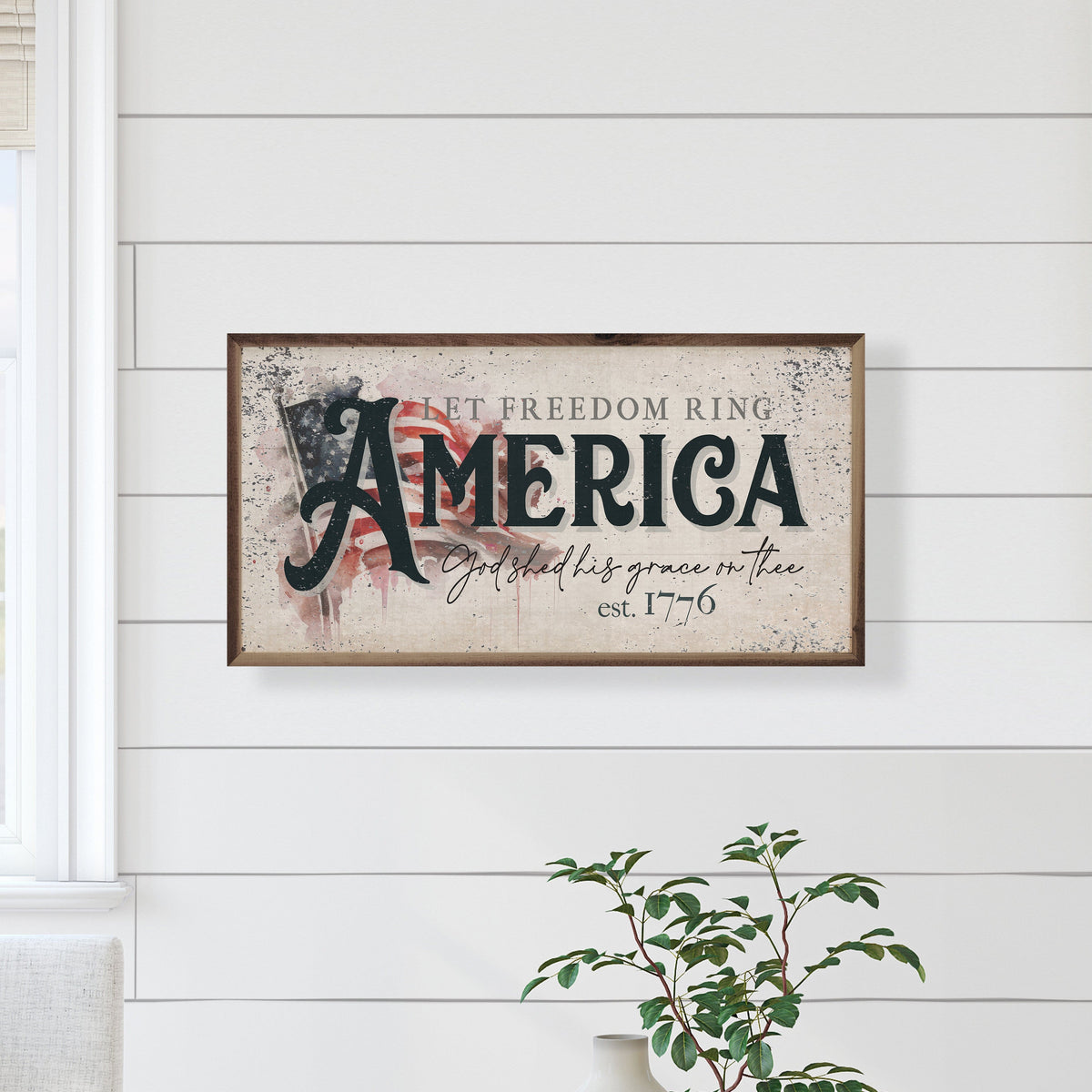 Kendrick Home Walnut Frames Distressed Let Freedom Ring America Flag Printed and Framed Wall Sign