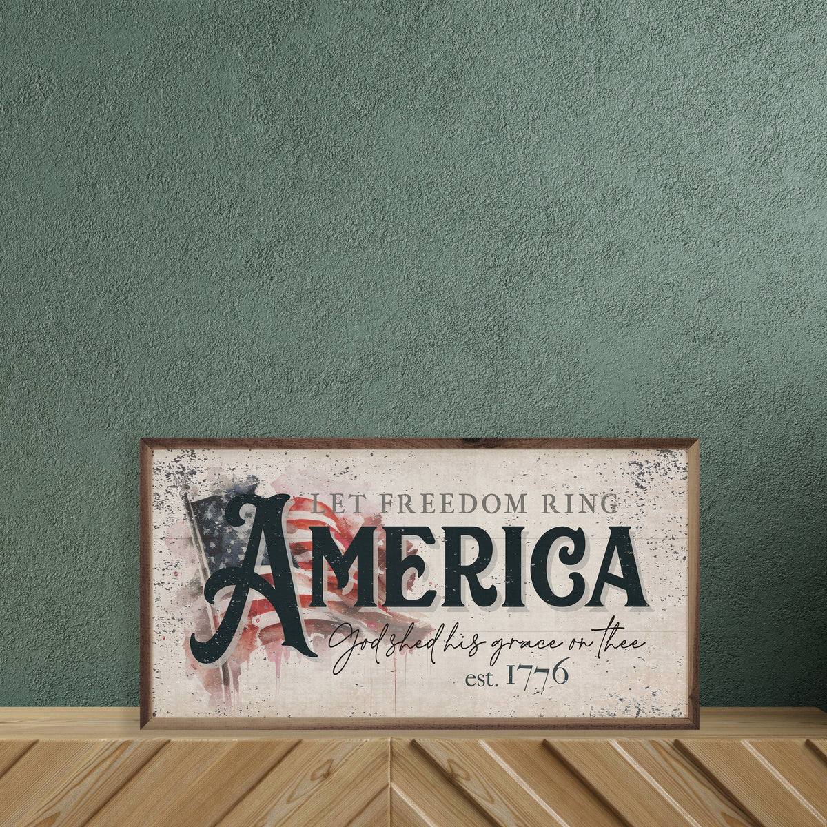 Kendrick Home Walnut Frames Distressed Let Freedom Ring America Flag Printed and Framed Wall Sign