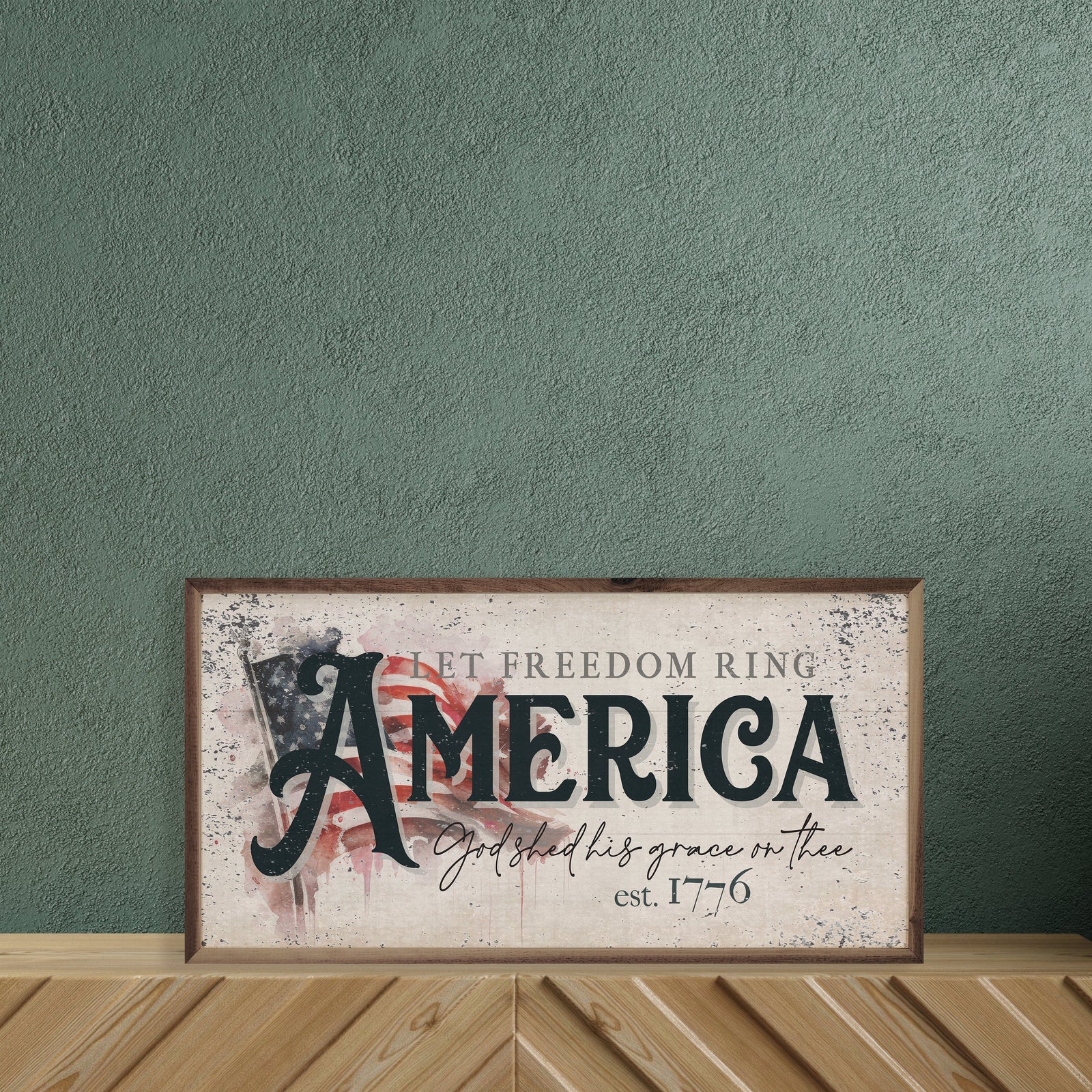 Kendrick Home Walnut Frames Sizes Distressed Let Freedom Ring America Flag Printed and Framed Wall Sign