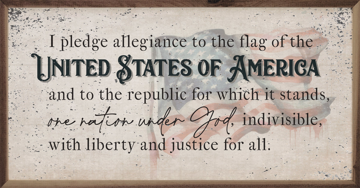 Kendrick Home Walnut Frames Sizes Distressed Pledge Allegiance Flag Printed and Framed Wall Sign