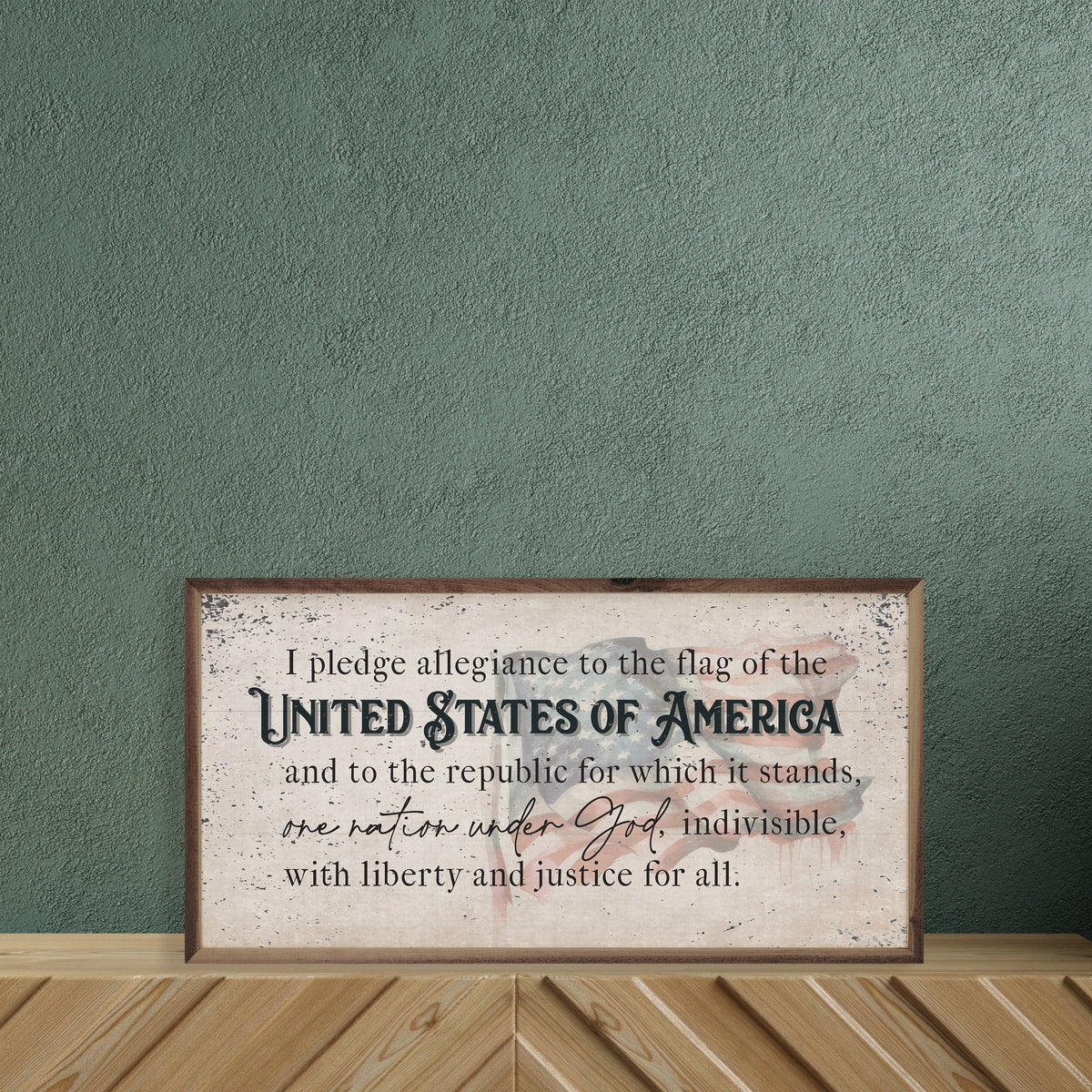 Kendrick Home Walnut Frames Distressed Pledge Allegiance Flag Printed and Framed Wall Sign