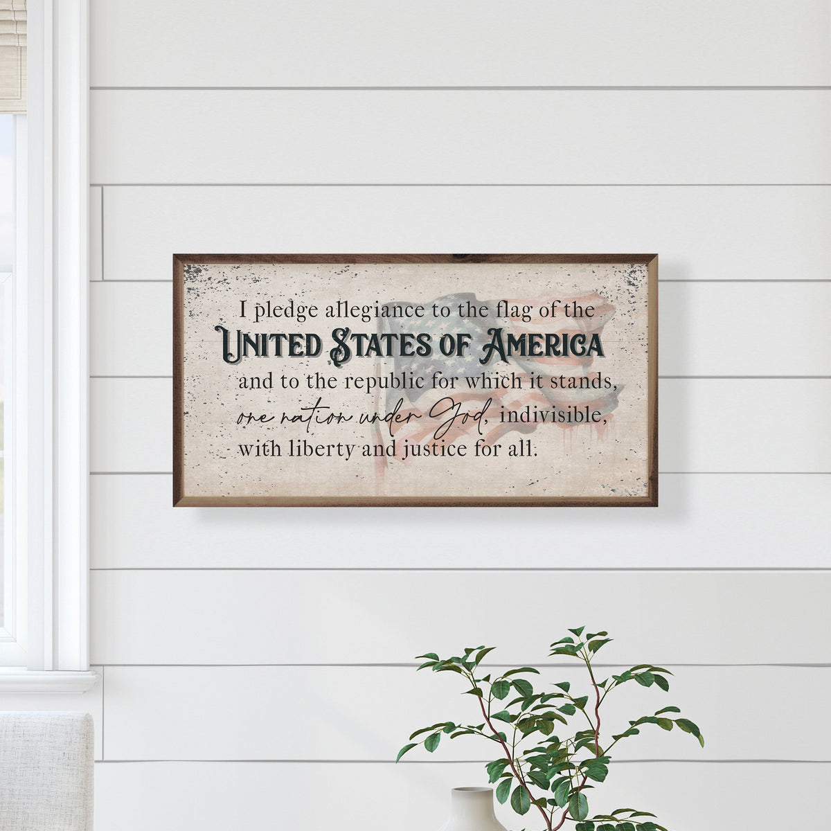 Kendrick Home Walnut Frames Distressed Pledge Allegiance Flag Printed and Framed Wall Sign