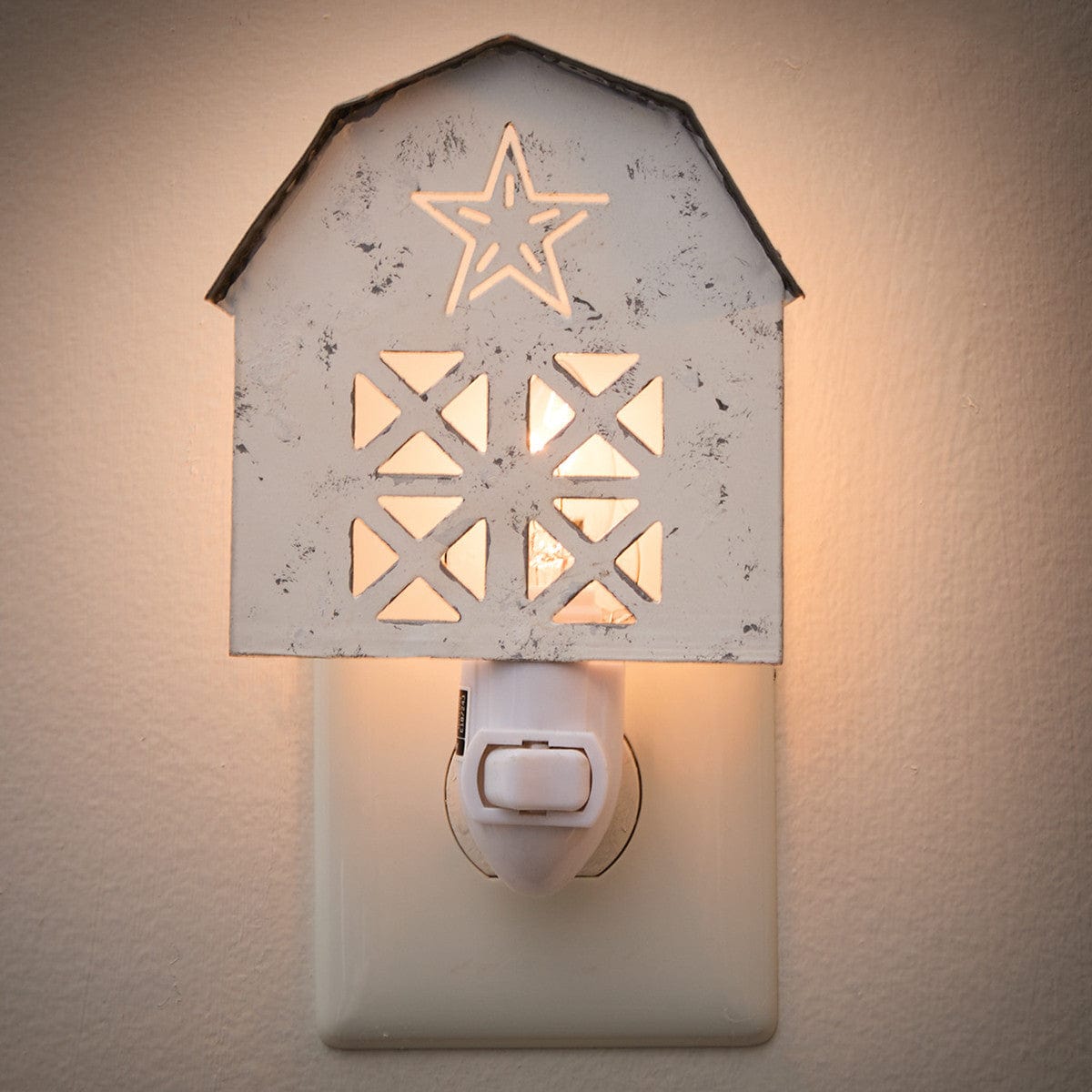 Distressed White Barn With Star Night Light