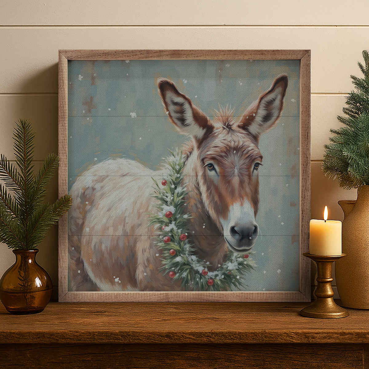 White Donkey Berry Wreath Printed and Framed Wall Sign