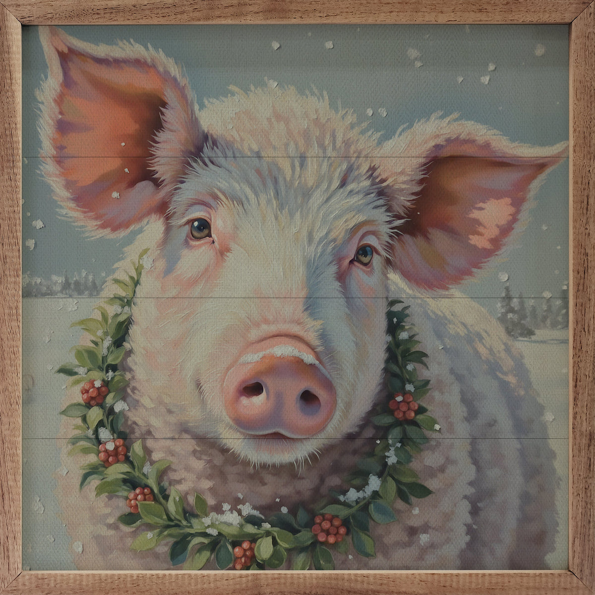 White Pig Berry Wreath Printed and Framed Wall Sign