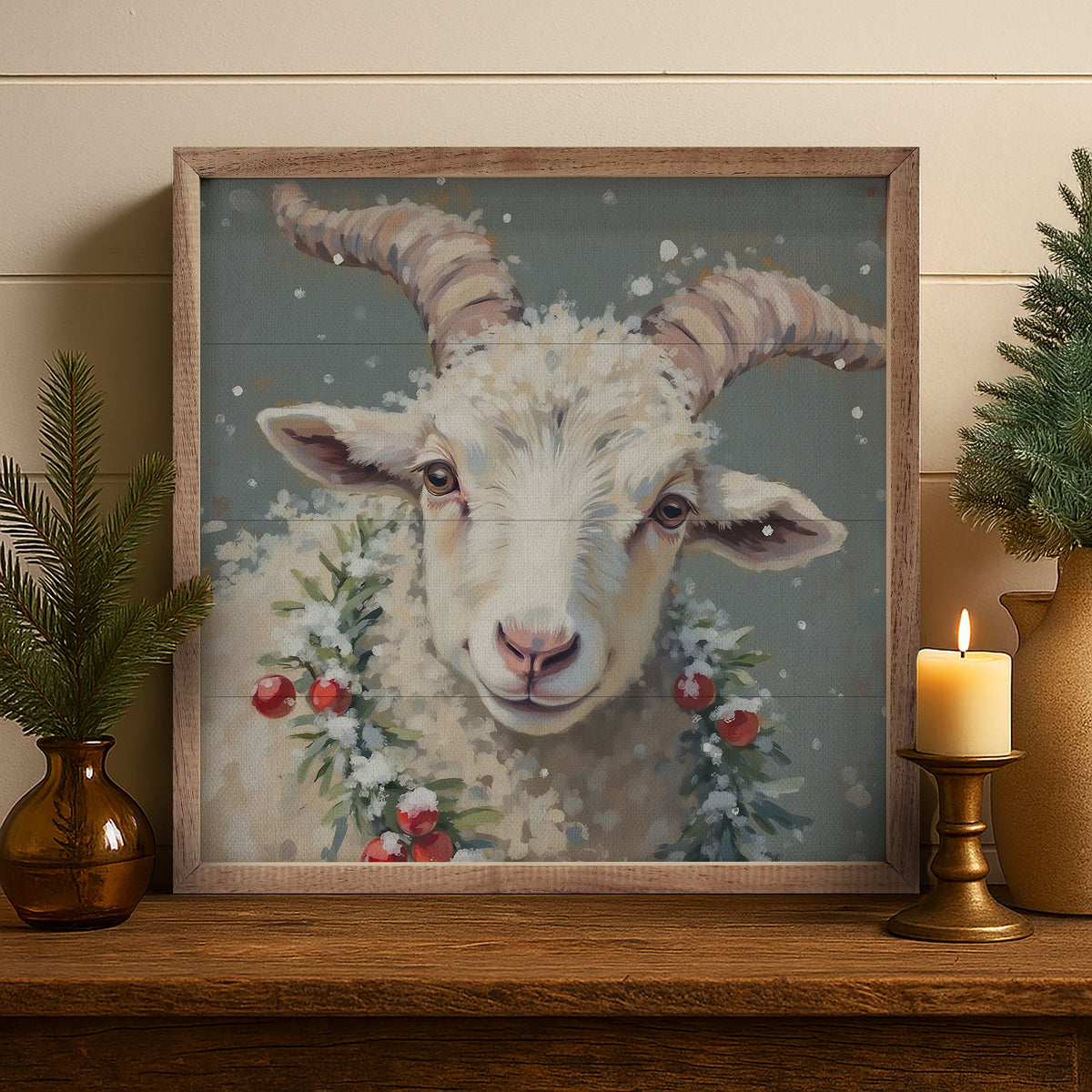 White Goat Berry Wreath Printed and Framed Wall Sign