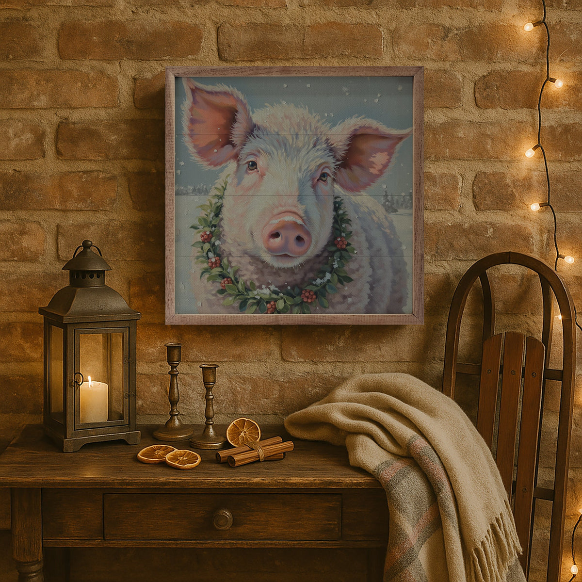 White Pig Berry Wreath Printed and Framed Wall Sign