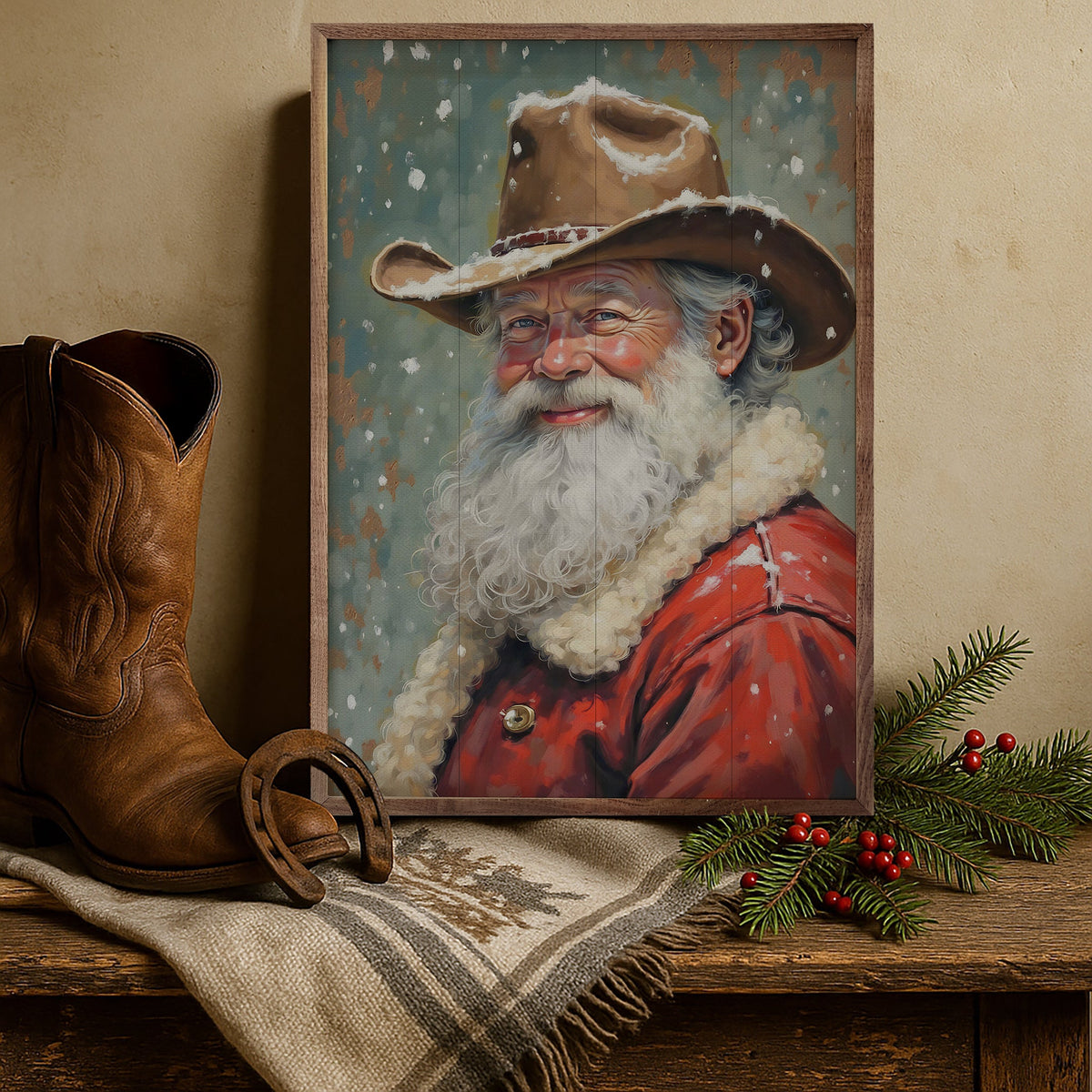 Cowboy Claus Portrait Printed and Framed Wall Sign