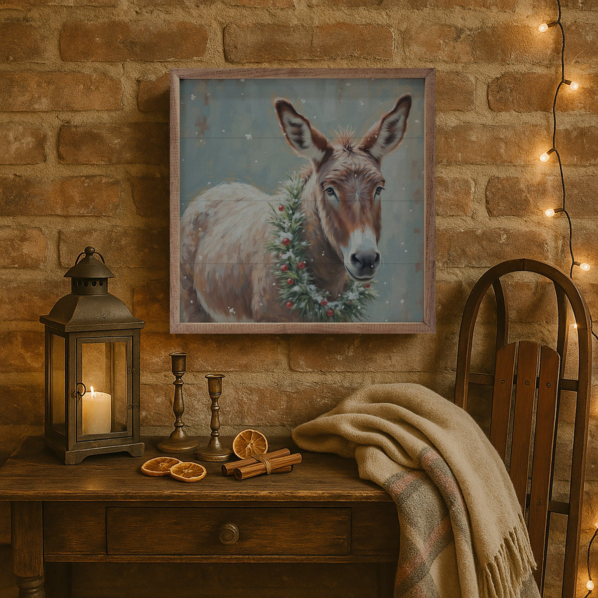 White Donkey Berry Wreath Printed and Framed Wall Sign