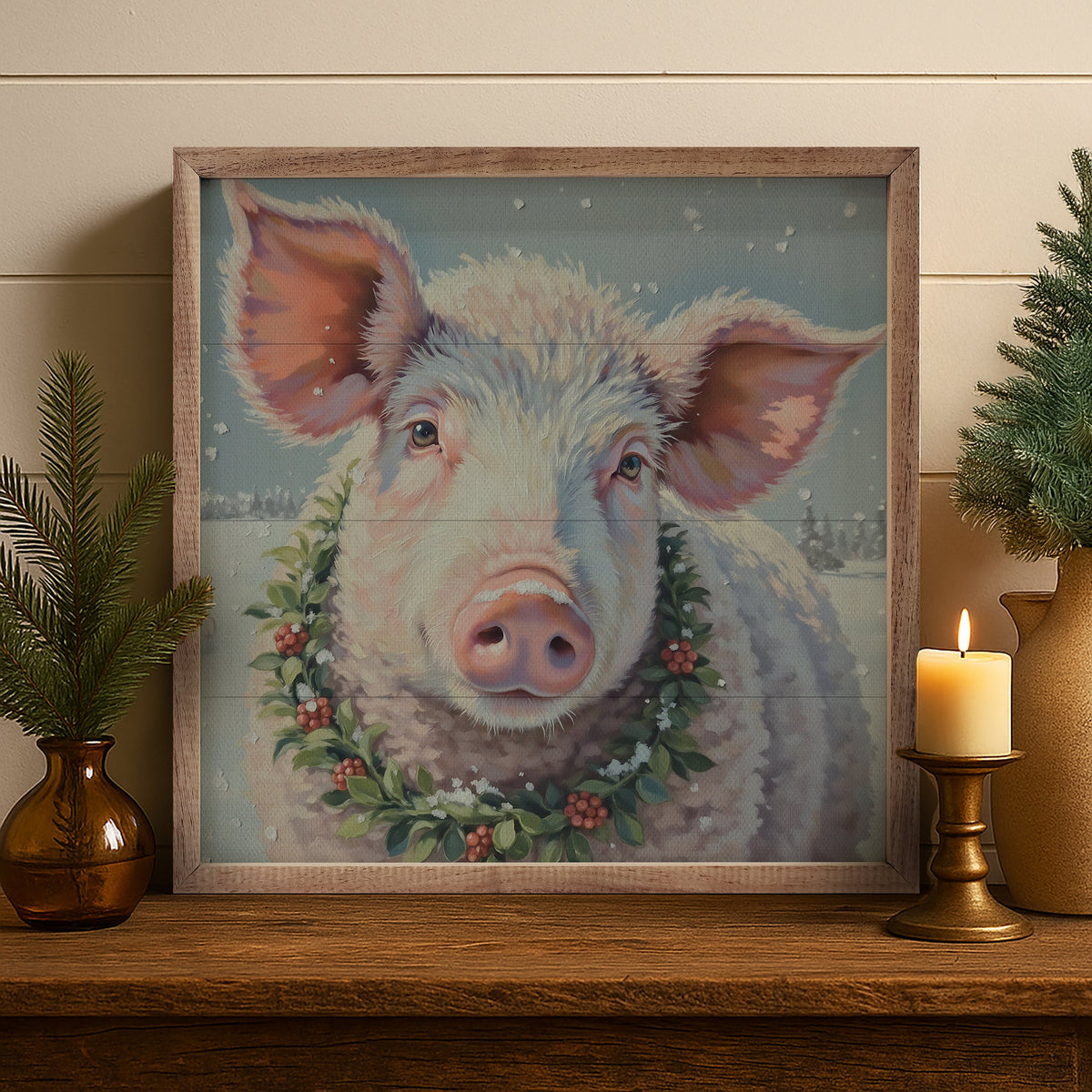 White Pig Berry Wreath Printed and Framed Wall Sign