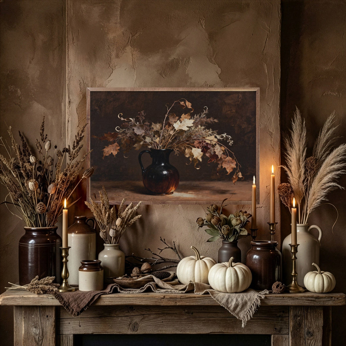 Kendrick Home Walnut Frames Dried Oak Leaves Dark Printed and Framed Wall Sign