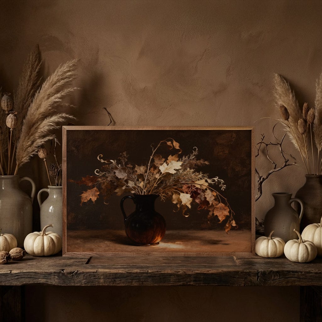 Kendrick Home Walnut Frames Dried Oak Leaves Dark Printed and Framed Wall Sign