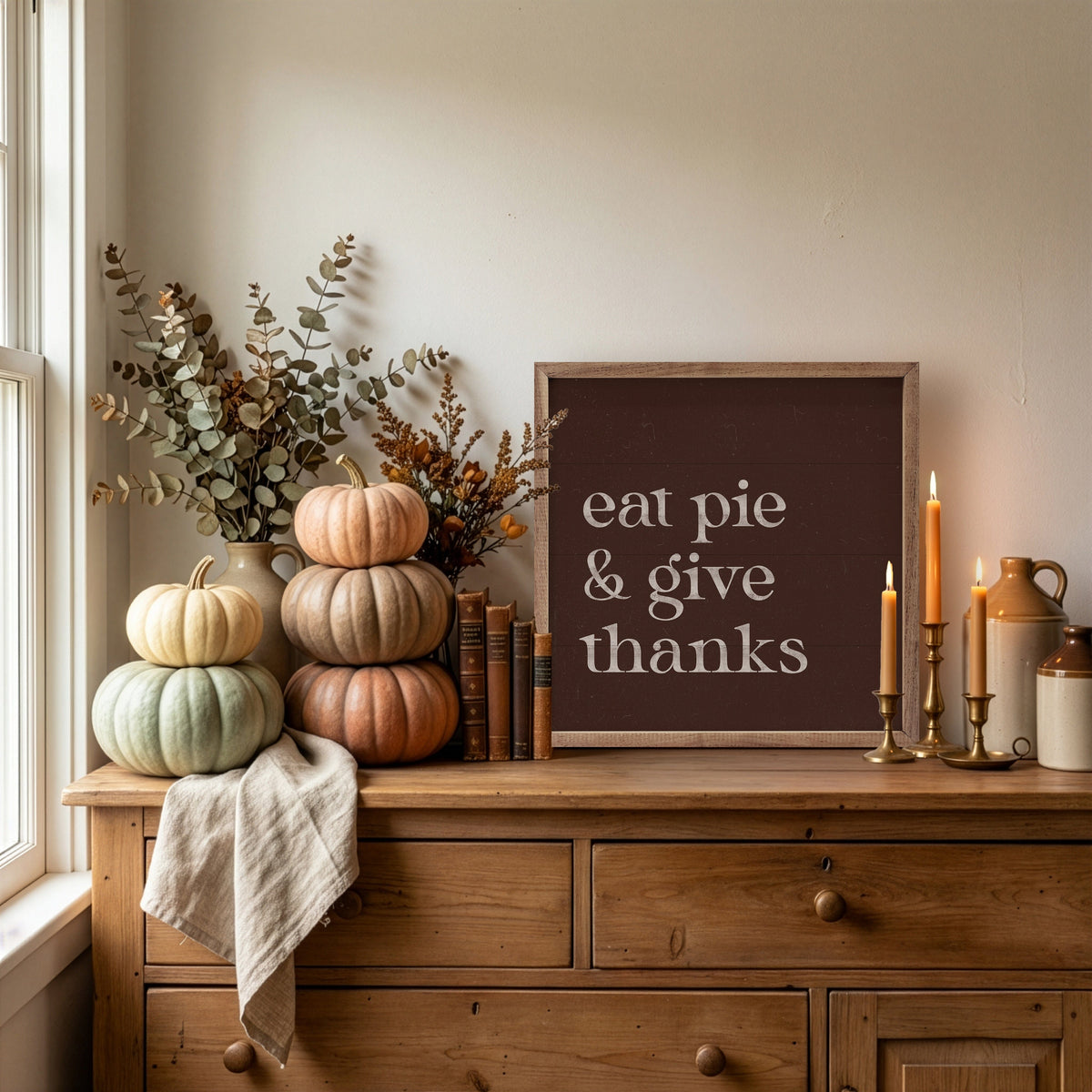 Kendrick Home Walnut Frames Eat Pie And Give Thanks Printed and Framed Wall Sign