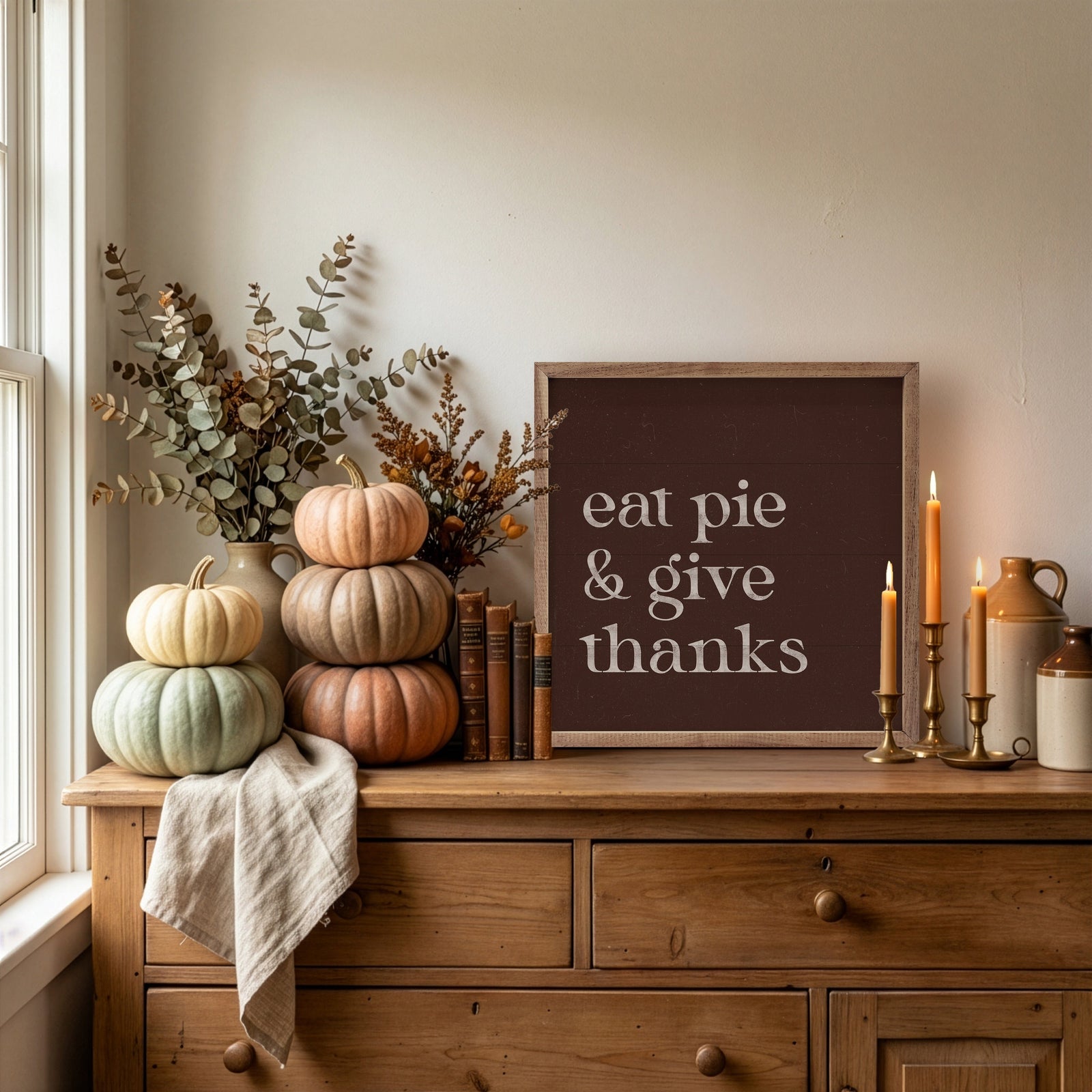 Kendrick Home Walnut Frames 4x4 Eat Pie And Give Thanks Printed and Framed Wall Sign