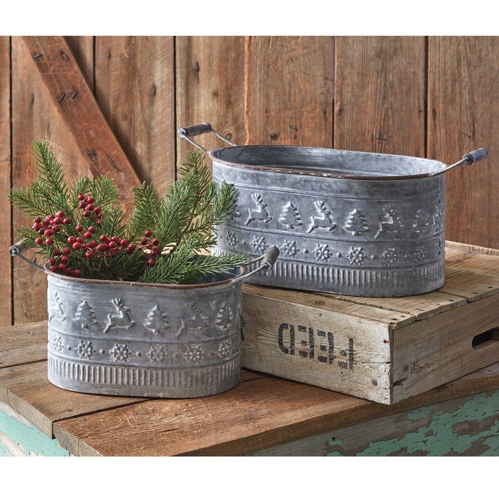 Embossed Metal Oval Christmas Buckets Set of 2-CTW Home-The Village Merchant