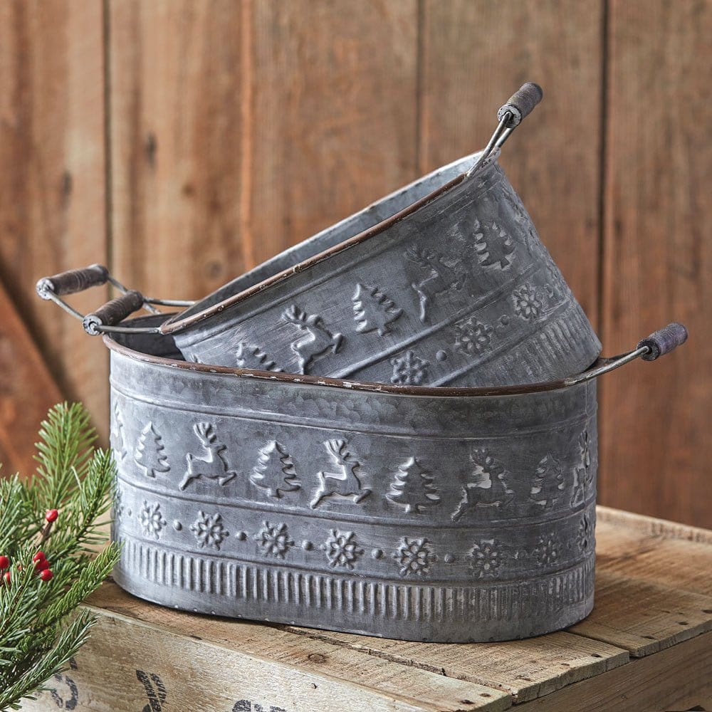 Embossed Metal Oval Christmas Buckets Set of 2-CTW Home-The Village Merchant