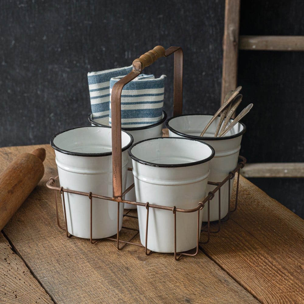 Enamelware &amp; Metal Four Bucket Caddy / Carrier With Handle-CTW Home-The Village Merchant