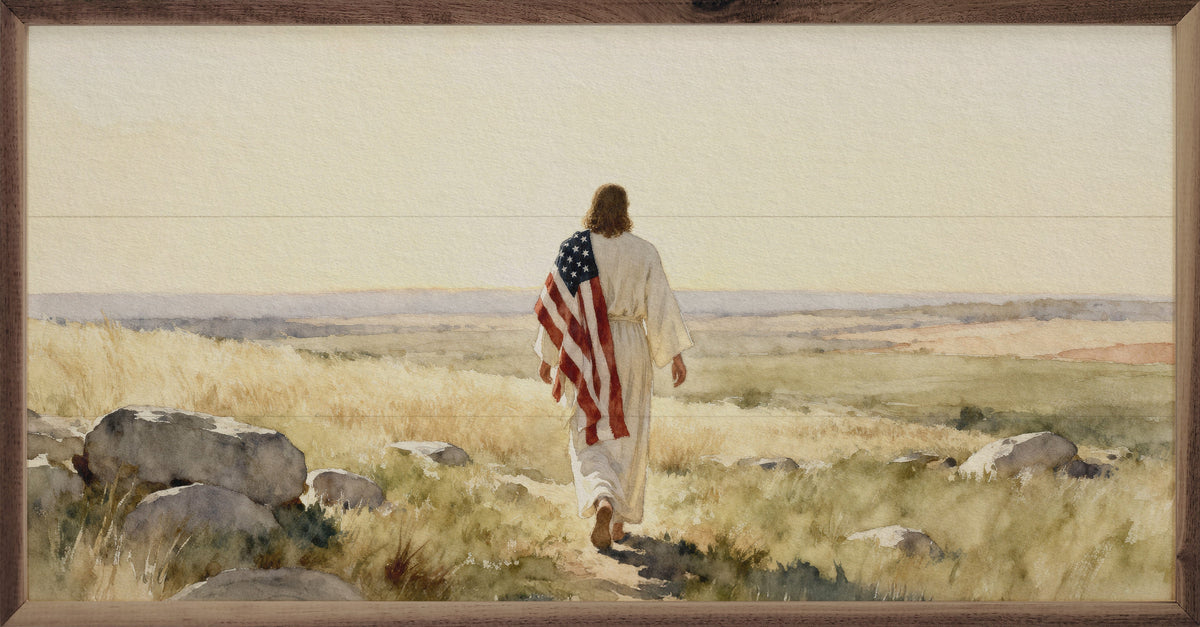 Kendrick Home Walnut Frames Sizes Faith And Freedom Jesus Rocky Pasture Printed and Framed Wall Sign