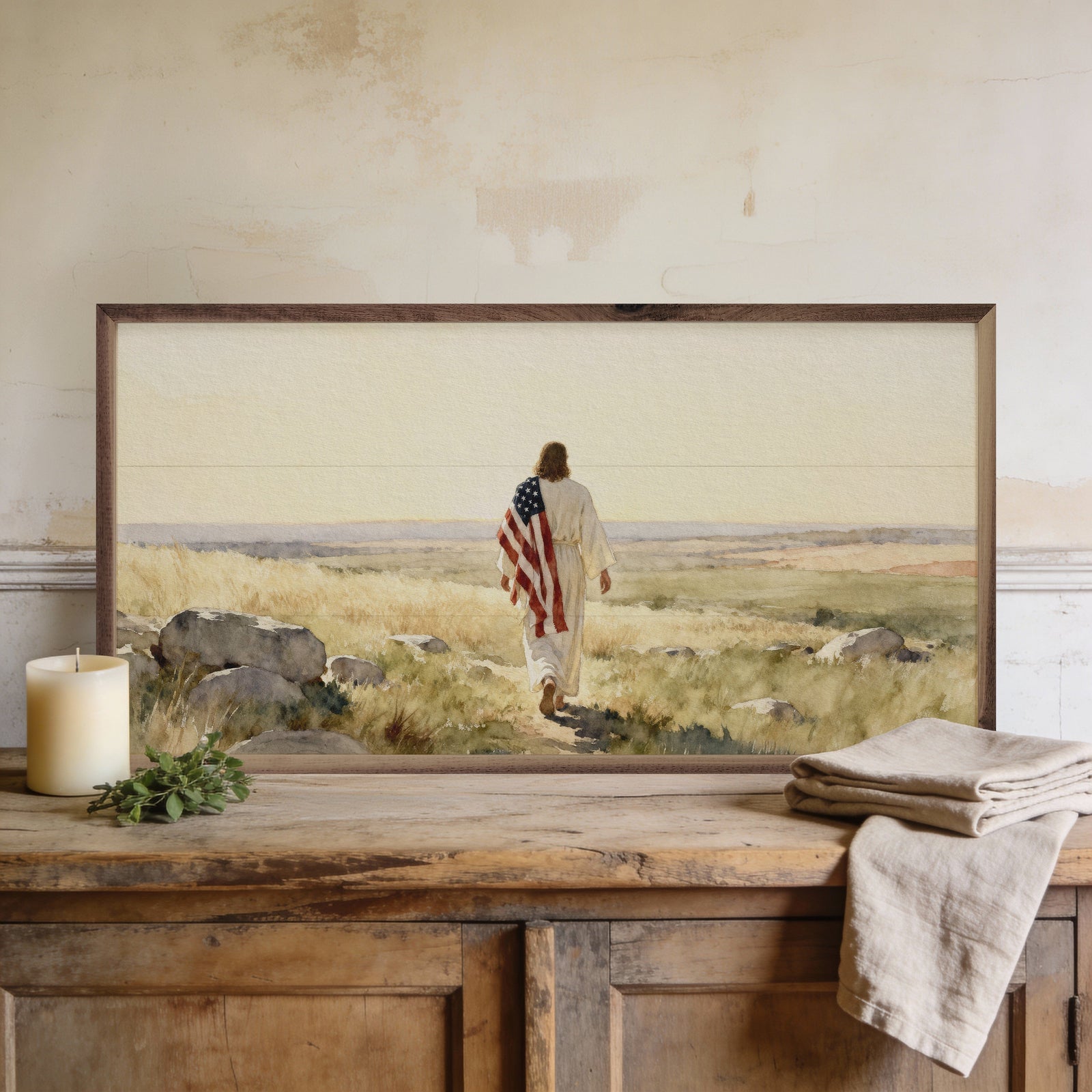 Kendrick Home Walnut Frames Sizes Faith And Freedom Jesus Rocky Pasture Printed and Framed Wall Sign