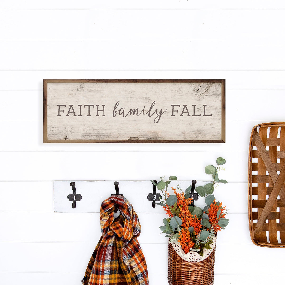Kendrick Home Walnut Frames Faith Family Fall Whitewash Printed and Framed Wall Sign