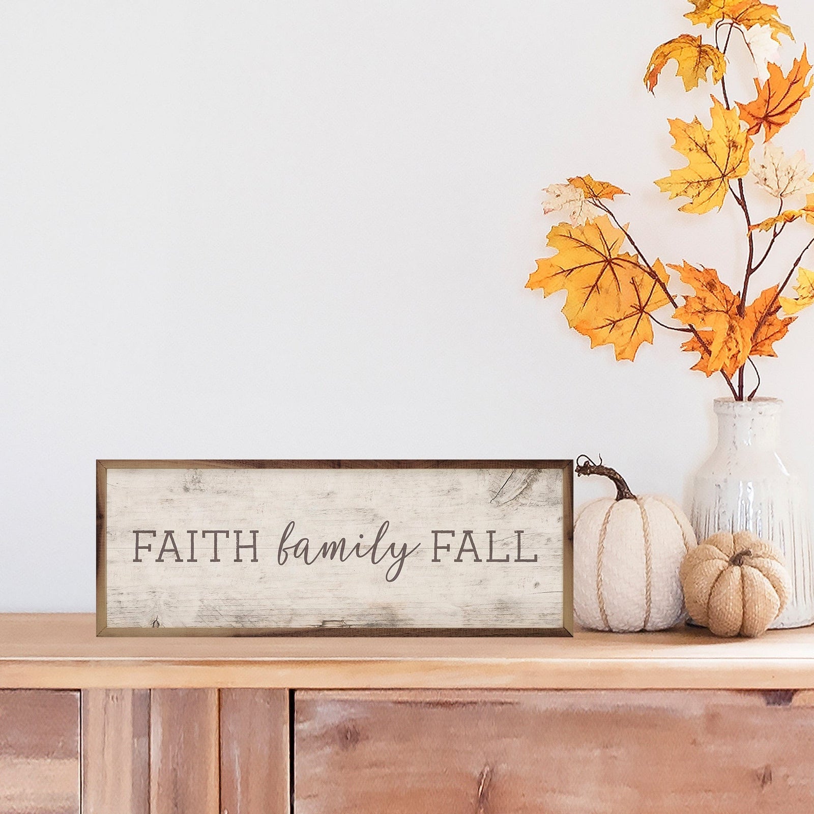 Kendrick Home Walnut Frames 12x4 Faith Family Fall Whitewash Printed and Framed Wall Sign