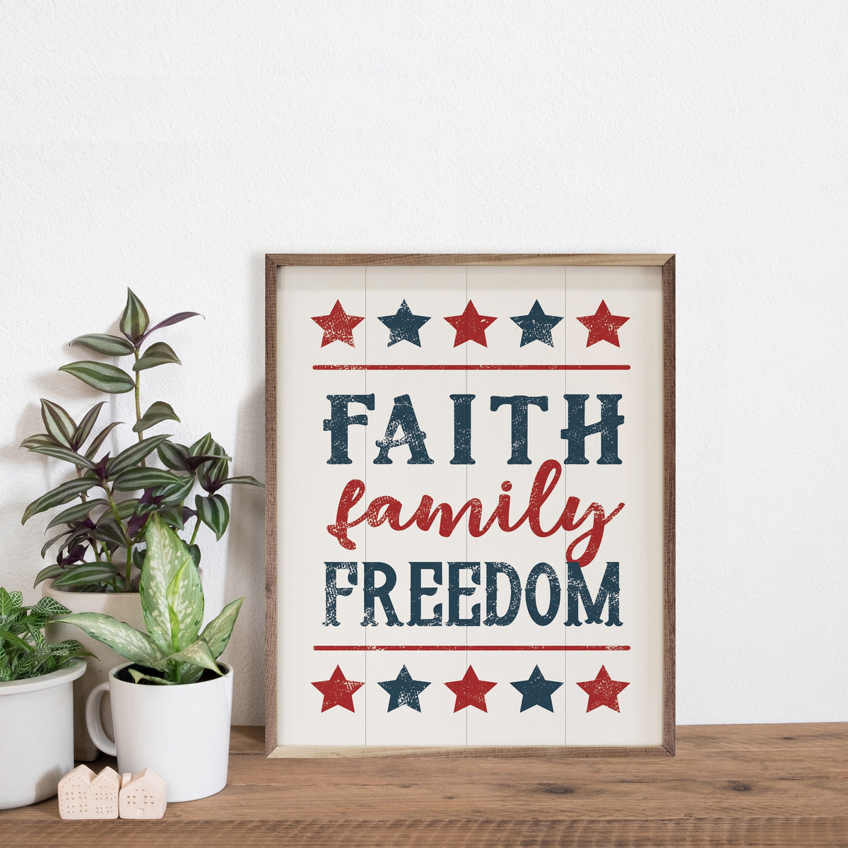 Kendrick Home Walnut Frames Faith Family Freedom Stars White Printed and Framed Wall Sign