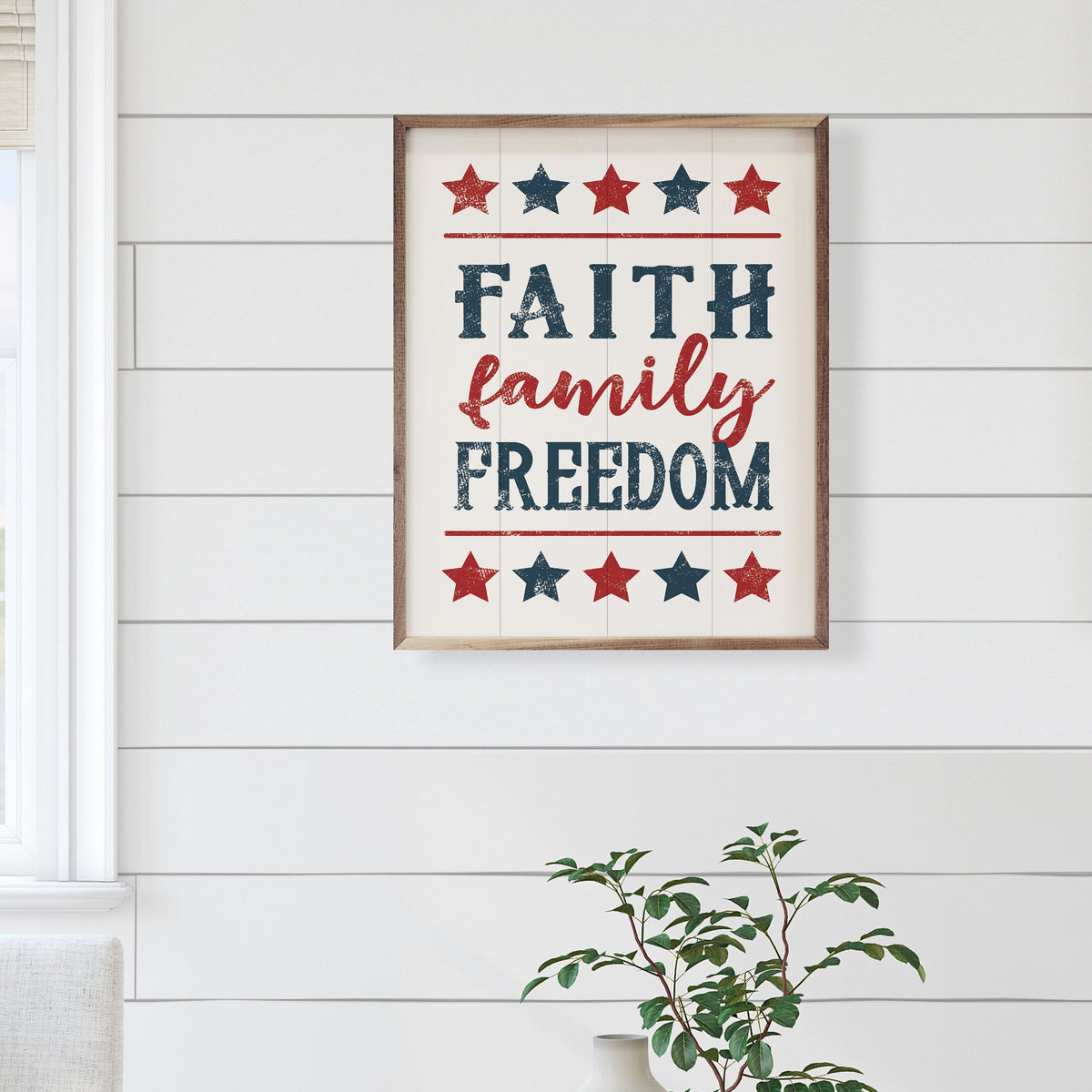 Kendrick Home Walnut Frames Faith Family Freedom Stars White Printed and Framed Wall Sign