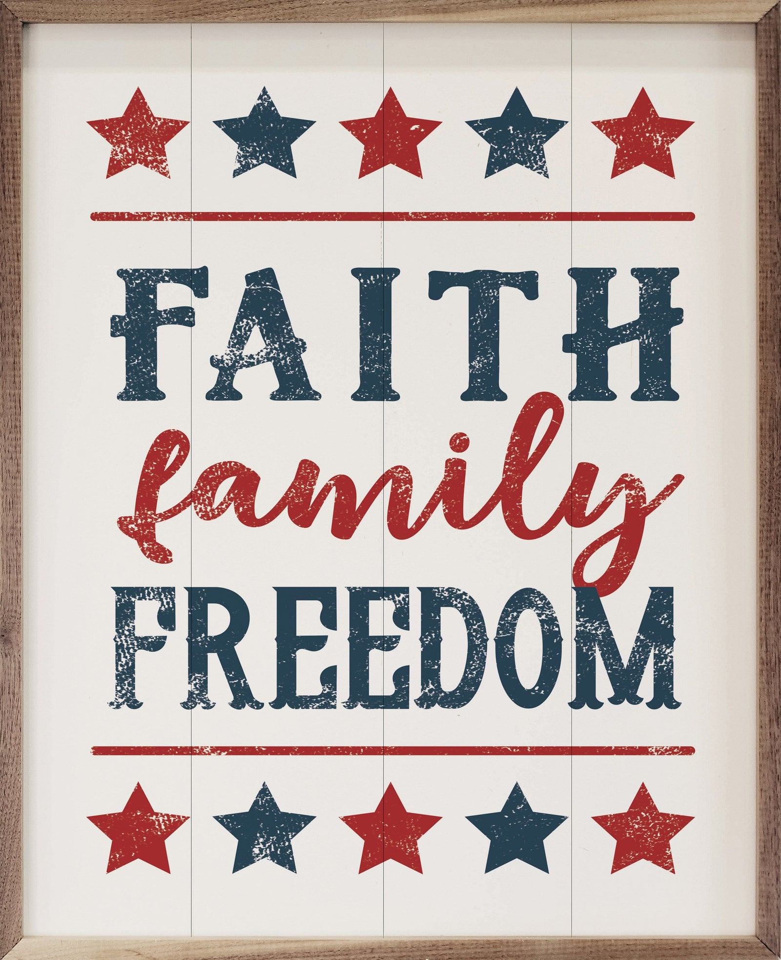 Kendrick Home Walnut Frames Sizes Faith Family Freedom Stars White Printed and Framed Wall Sign