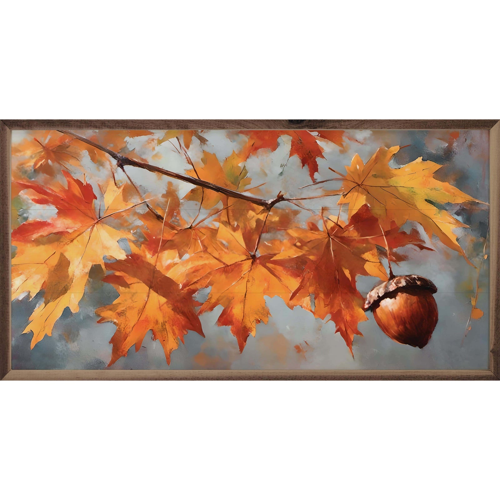 Kendrick Home Walnut Frames 16x8 Fall Acorn Branch Printed and Framed Wall Sign