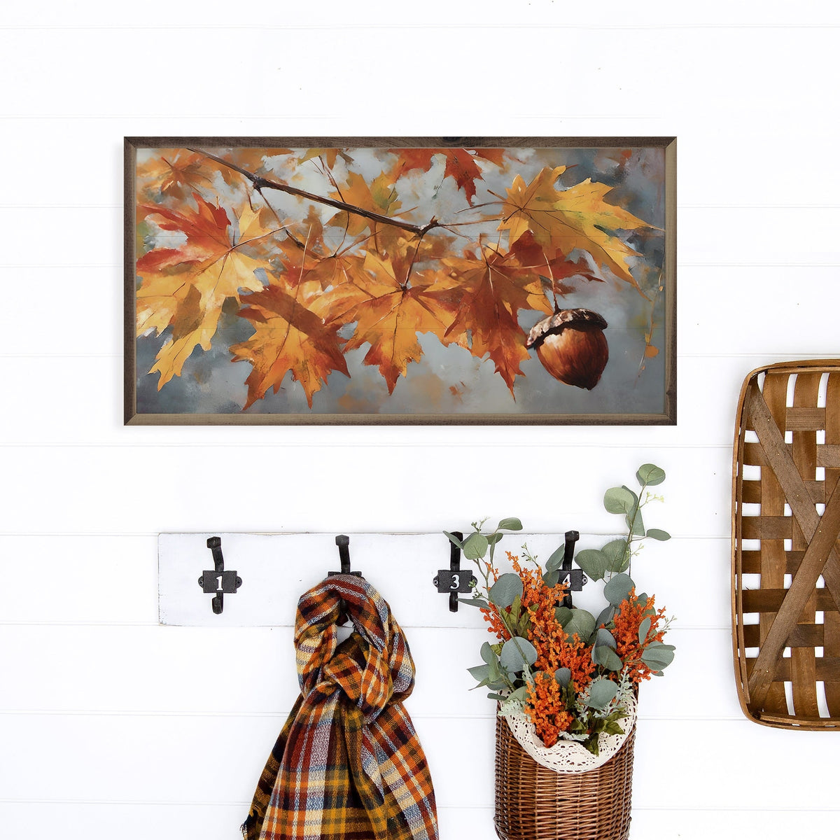Kendrick Home Walnut Frames Fall Acorn Branch Printed and Framed Wall Sign