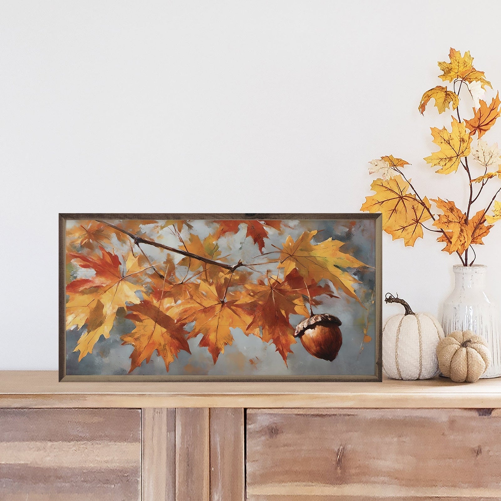 Kendrick Home Walnut Frames 16x8 Fall Acorn Branch Printed and Framed Wall Sign